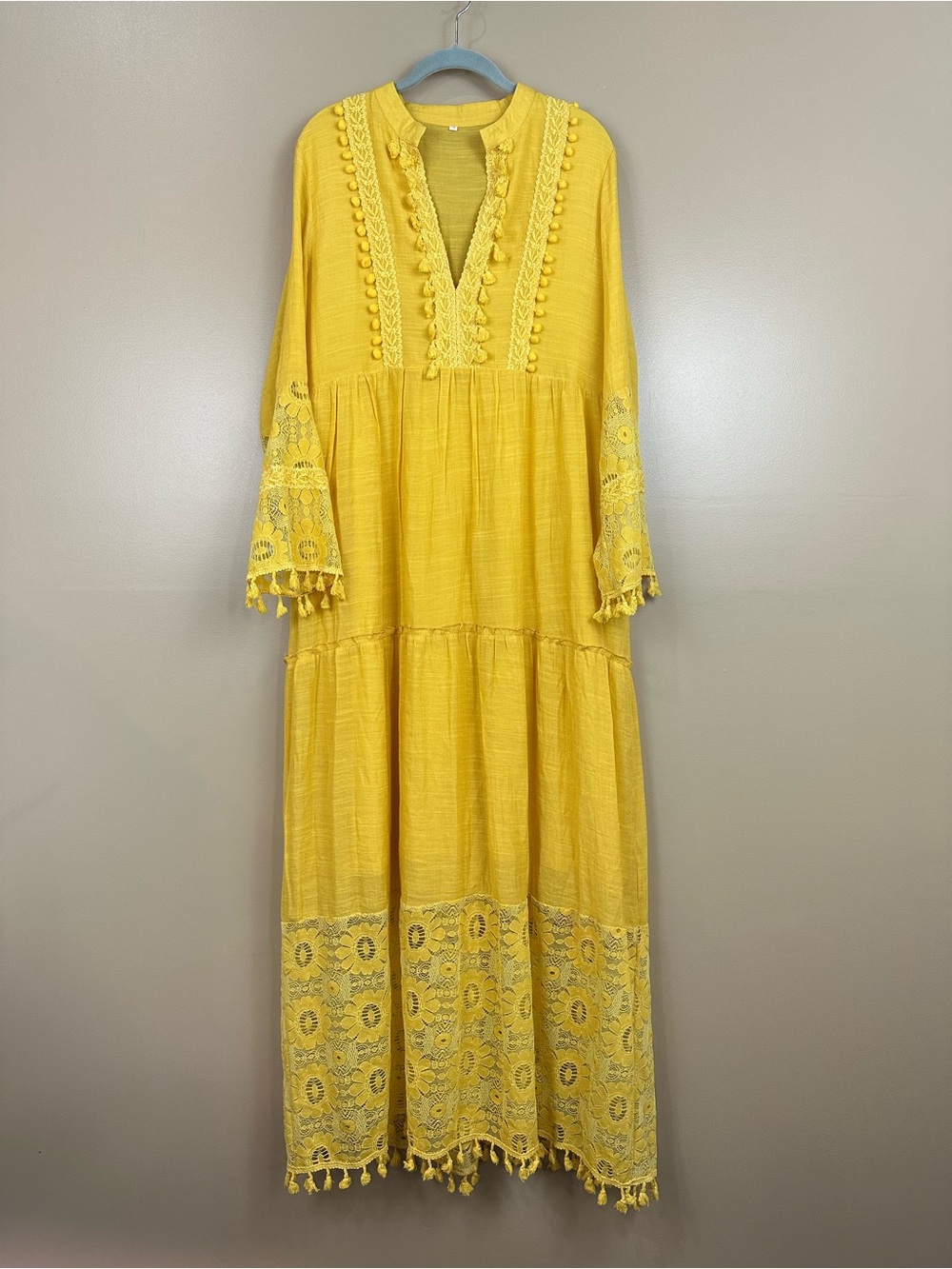 Yellow Boho Embroidered Lace Tassel Tiered Maxi Dress Cottagecore Festival NWOT